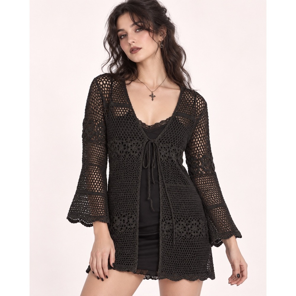 Vintage Black Crochet Tie Front Bell Cardigan